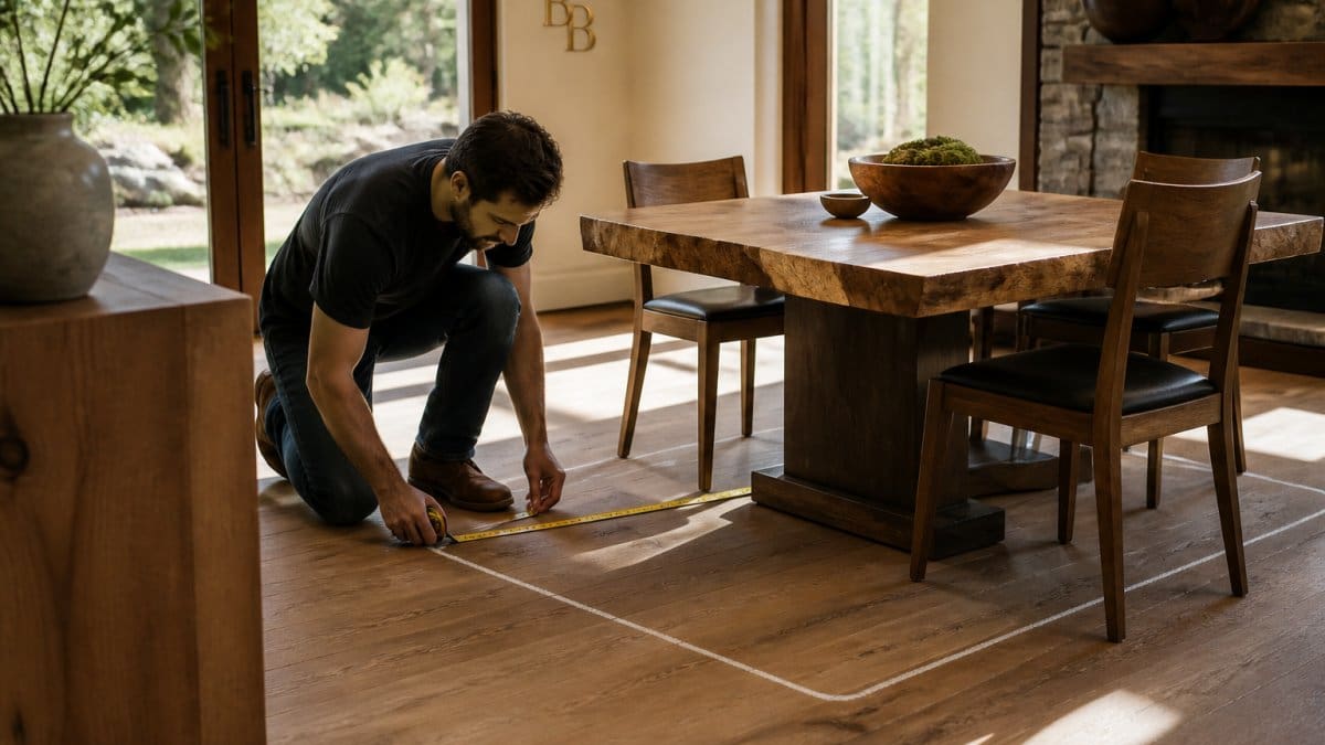 A person kneeling on a wide-plank wood floor with a tape measure, marking chair clearance around the outline of a dining table in a sunlit dining room