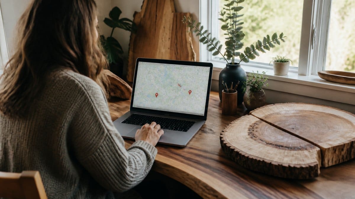 Person using a laptop to browse local custom furniture makers in a sunlit home office