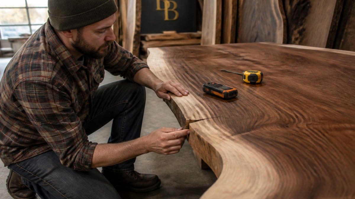 A person crouching beside a large walnut live edge slab in a workshop, running a hand along the live edge and examining a small check in the wood, with a moisture meter and tape measure resting on the slab surface