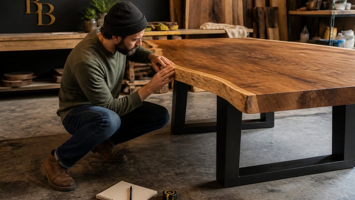 A person kneeling beside a live edge dining table in a workshop, running their hand along the natural edge and examining the wood grain, with a notebook and tape measure on the floor nearby