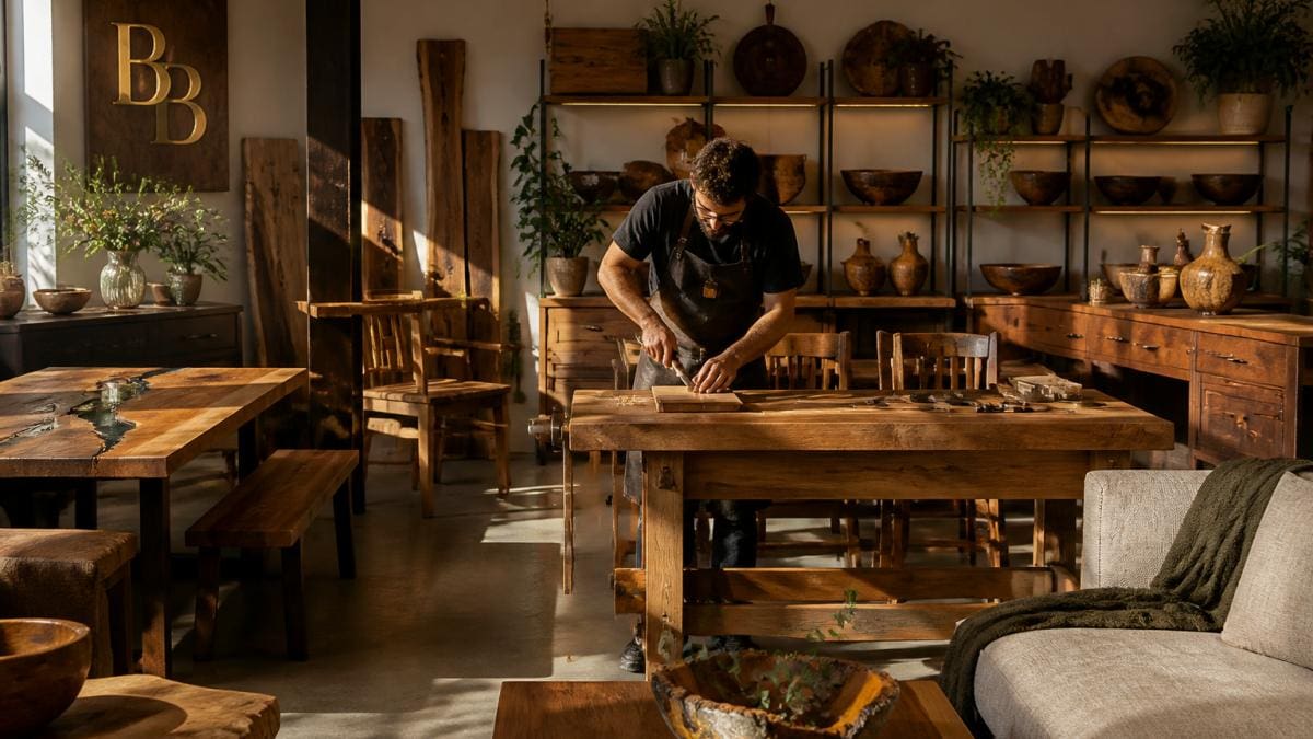 Artisan working on handcrafted furniture at a wooden shop near me