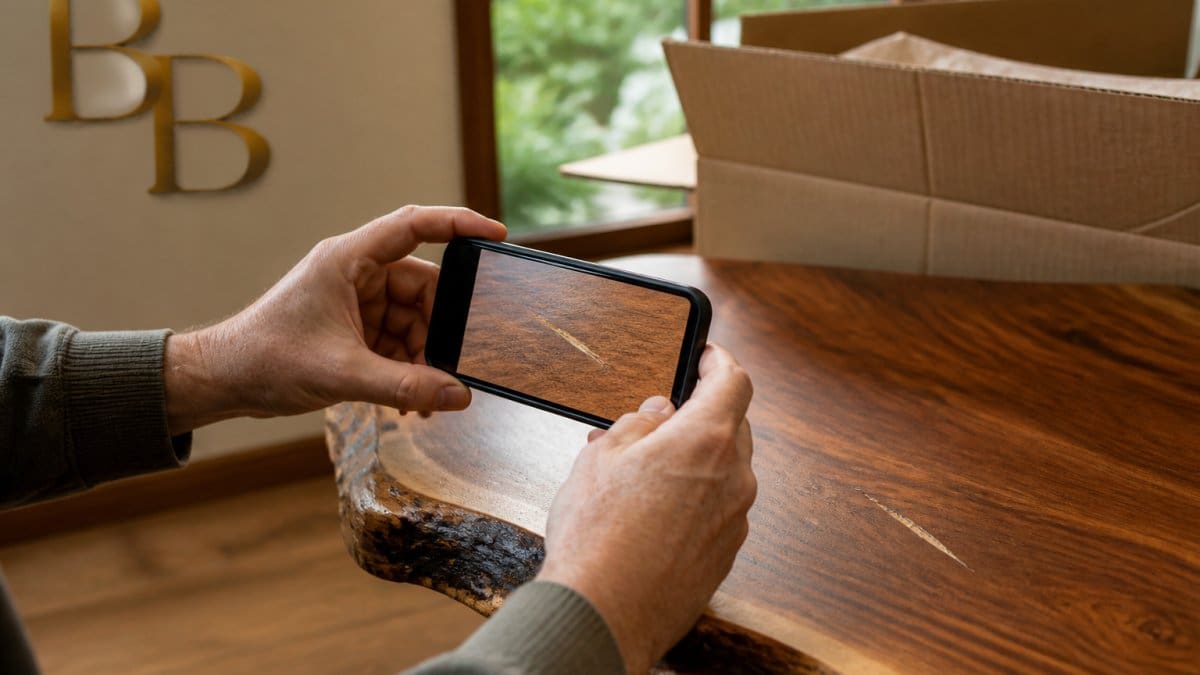 Close-up of hands photographing a scratch on a live edge wood table with a smartphone, natural light, delivery box visible in background