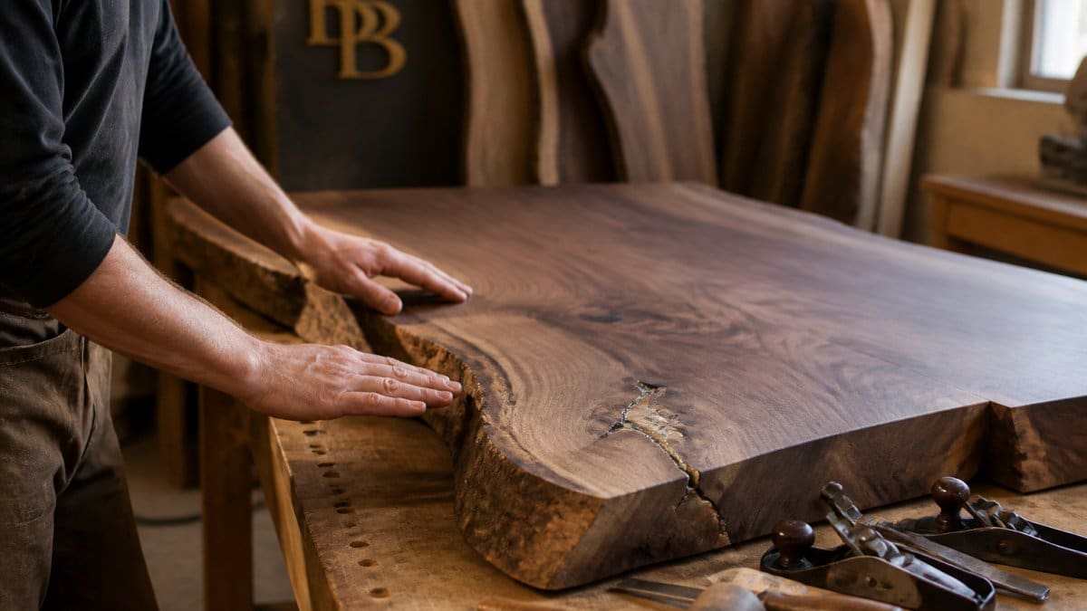Close-up of a craftsman's hands running along the natural edge of a thick walnut slab in a woodworking shop, visible grain and a filled check, hand tools resting on the bench under warm shop lighting
