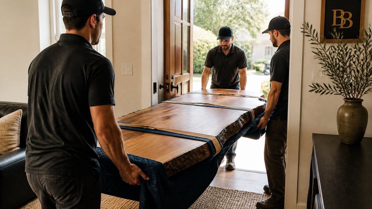 A delivery team carefully carrying a large live-edge wooden table through a home's front door, protective blankets and straps visible, bright natural light